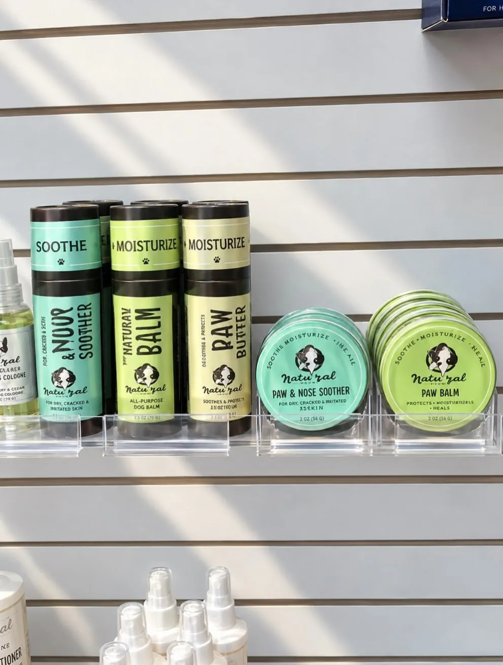 Paw balms and soothers lined up on a retail shelf