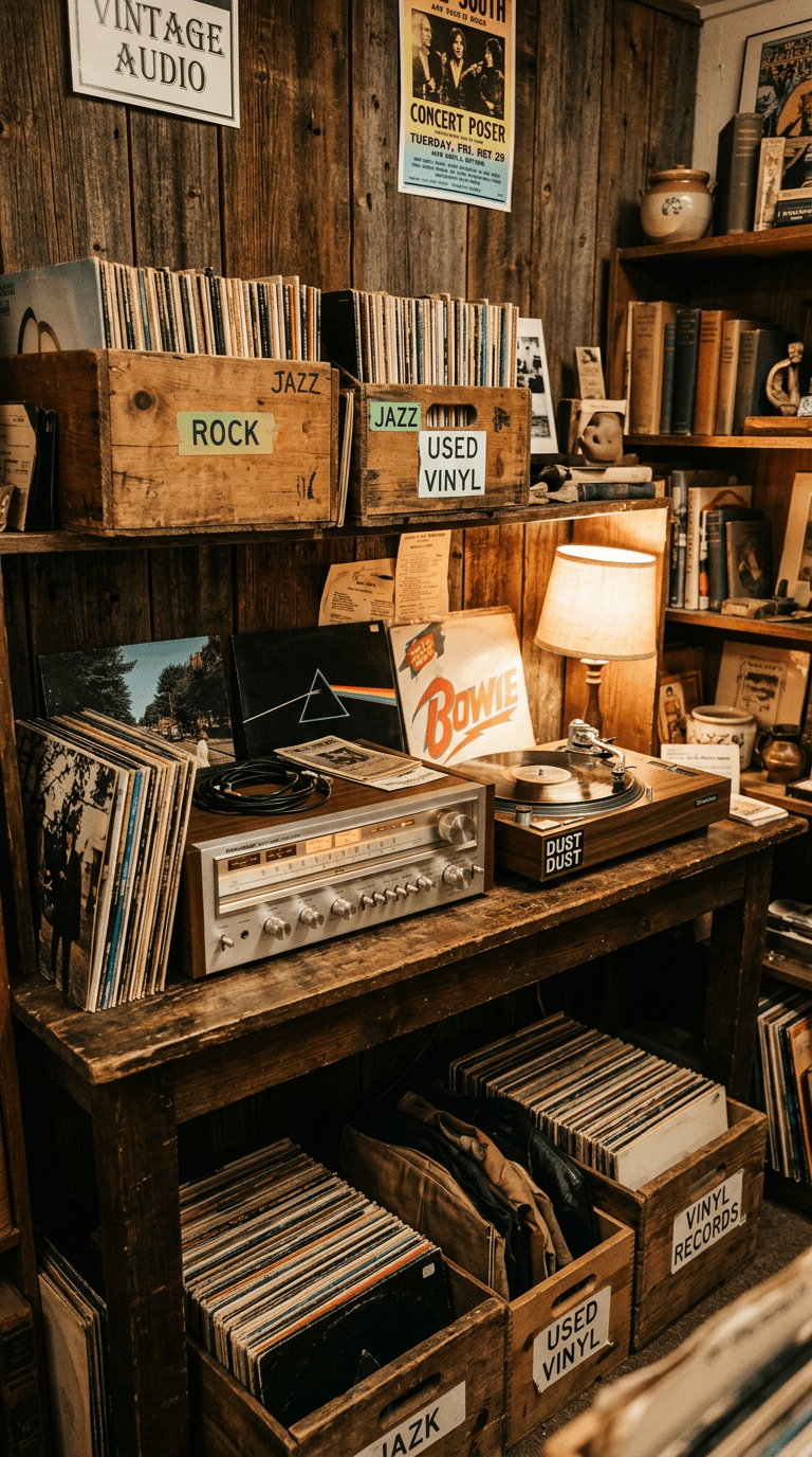 Wooden crates of vintage vinyl records beside a colorful 1970s sofa at Vintage Finds Antiques in Wichita